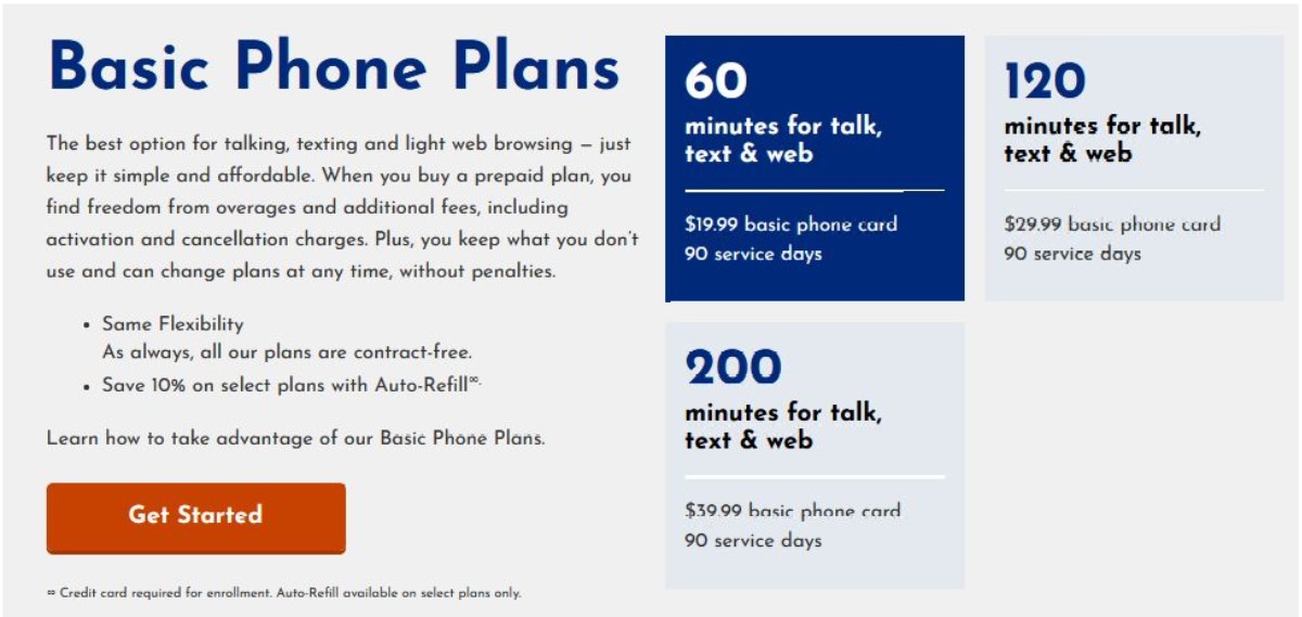 Planes de TracFone para teléfonos básicos desde $ 19.99 a $ 39.00 con un plan de día de servicio básico de 90 días. 