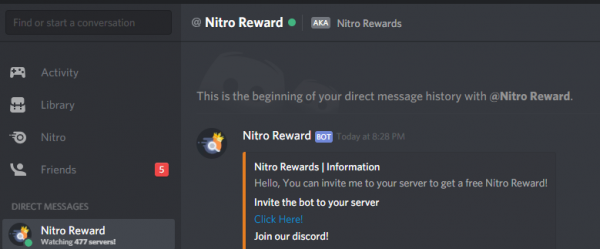 Un falso bot de Discord que ofrece Nitro gratis