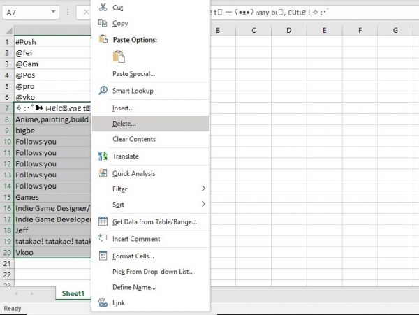 Ejemplo de eliminación de datos debajo de la lista de seguidores en Microsoft Excel