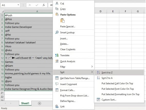 Muestra de clasificación de la lista de seguidores en Microsoft Excel