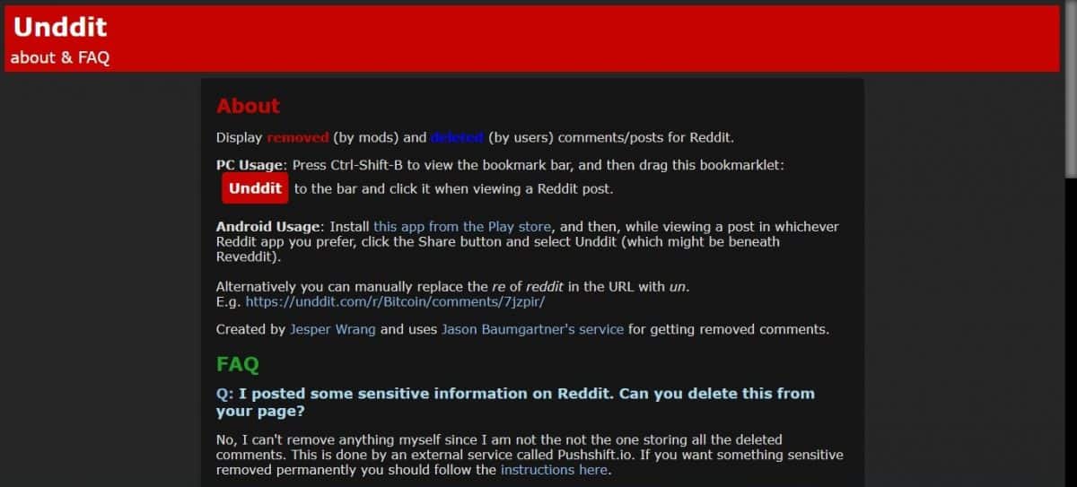Unddit también puede mostrar comentarios eliminados de Reddit